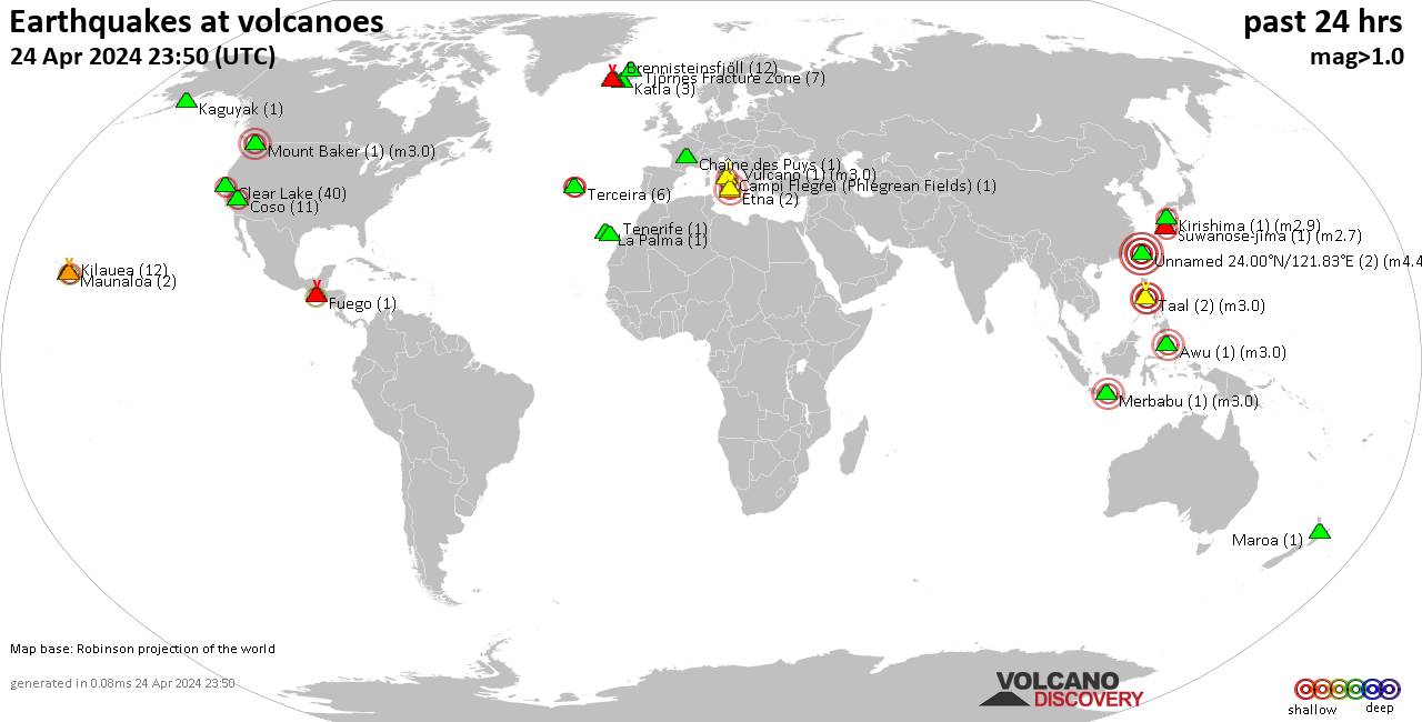 World map showing volcanoes with shallow (less than 50 km) earthquakes within 20 km radius  during the past 24 hours on 24 Apr 2024 Number in brackets indicate nr of quakes.