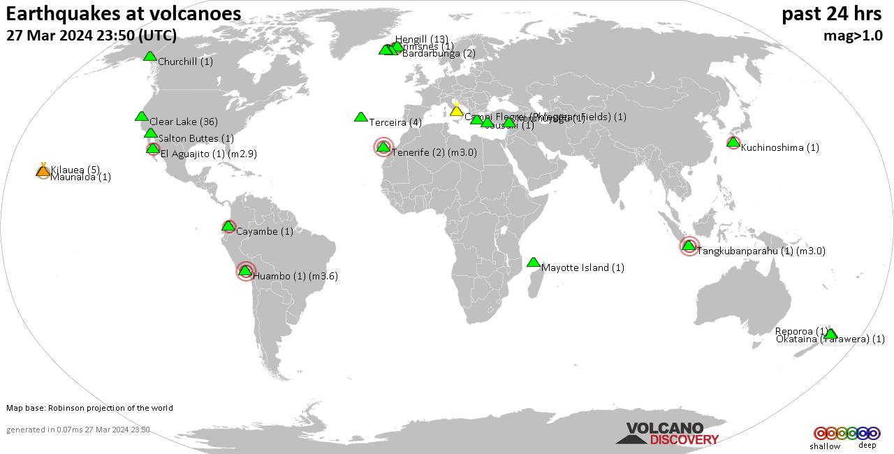 World map showing volcanoes with shallow (less than 50 km) earthquakes within 20 km radius  during the past 24 hours on 27 Mar 2024 Number in brackets indicate nr of quakes.