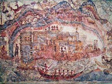 Часть знаменитой корабельной фрески, вероятно, изображающая остров Санторини до минойского извержения. Можно увидеть круглую часть суши,  (Photo: Tobias Schorr)