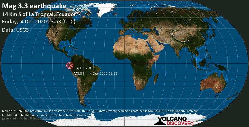 La Troncal Ecuador Map Quake Info: Light Mag. 3.3 Earthquake - Canton Cañar, 15 Km South Of La  Troncal, Provincia Del Cañar, Ecuador, On Friday, December 4, 2020 At 23:53  Gmt