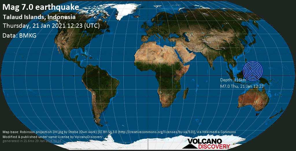 Major Magnitude 7 0 Earthquake Philippine Sea 4 Km Northeast Of Manado North Sulawesi Indonesia On Thursday Jan 21 21 At 8 23 Pm Gmt 8 496 User Experience Reports