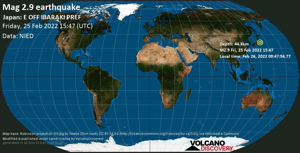 Quake Info Minor Mag 2 9 Earthquake North Pacific Ocean 40 Km East Of Mito Ibaraki Japan On Saturday Feb 26 22 At 12 47 Am Gmt 9