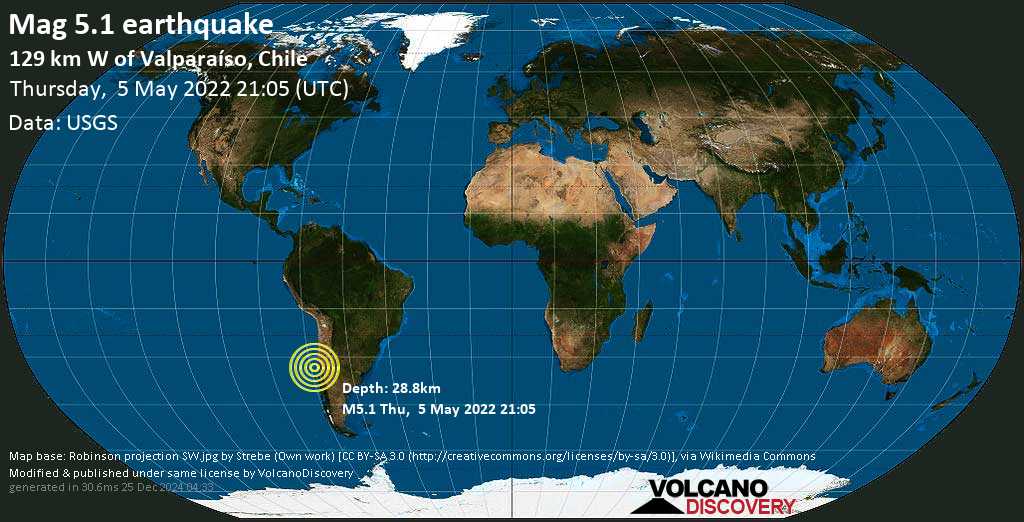 Magnético fuerte.  5.1 - Terremoto en el Pacífico Sur, 132 km al oeste de Valparaíso, región de Valparaíso, Chile, el jueves 5 de mayo de 2022 a las 16:05 (GMT -5)