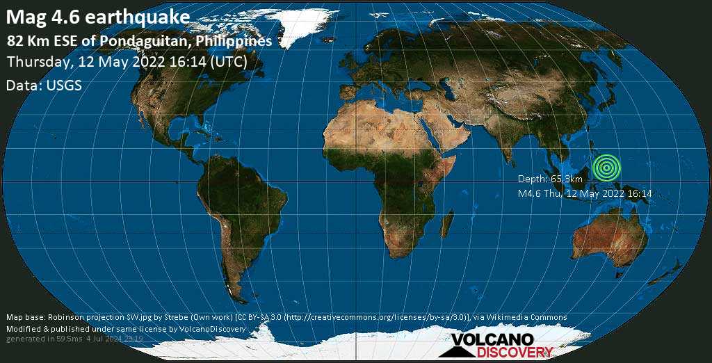 Moderate mag. 4.8 earthquake - Philippine Sea, 97 km southeast of Tibanbang, Philippines, on Friday, May 13, 2022 at 12:14 am (GMT +8)